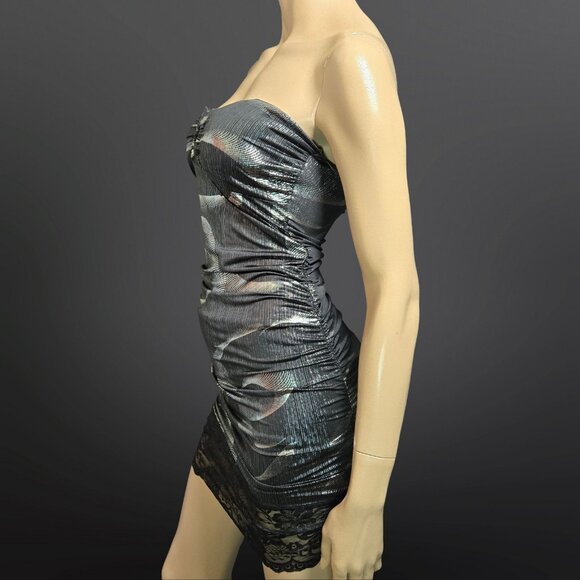 Y2K Trashy Mcbling Mini Dress Size M Silver Black metallic Rhinestone Lace Trim - Picture 5 of 10